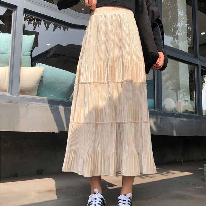 High Waist Gold Velvet Pleated Skirt Mid-length Long Skirt Solid Color All-match Skirt Autumn and Winter Female A-line Skirt