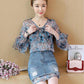 Fashion  Women Plus Size Dress Skirt Set Spring Summer Floral Fold Dress Denim Skirt Two-piece Suit