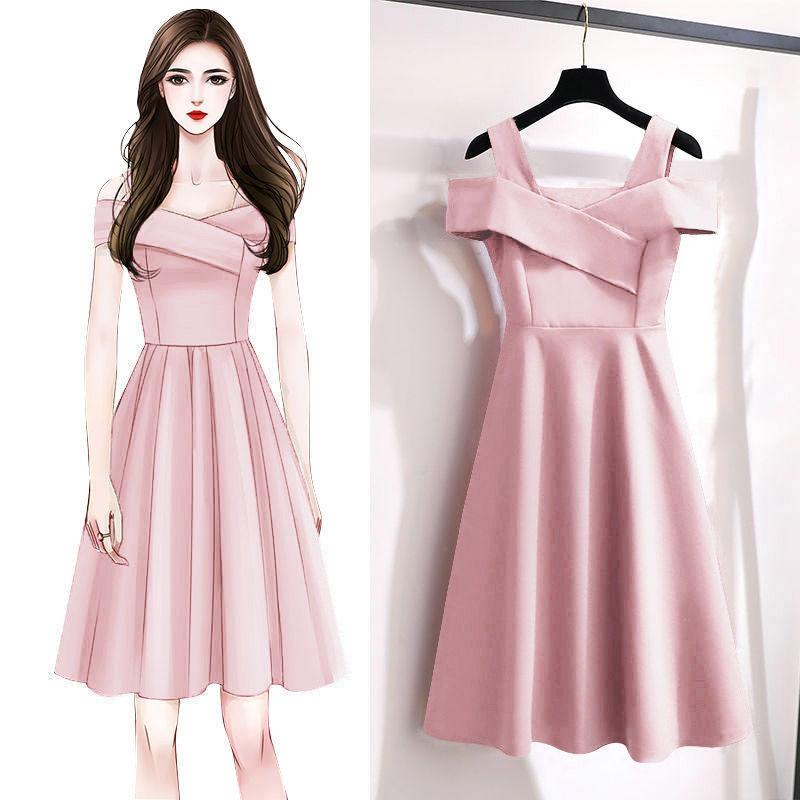 Large Size Women's Temperament Dress Female Cover Belly Thin Waist Skirt Female A-line Version Waist Thinner Off-shoulder Strap Dress