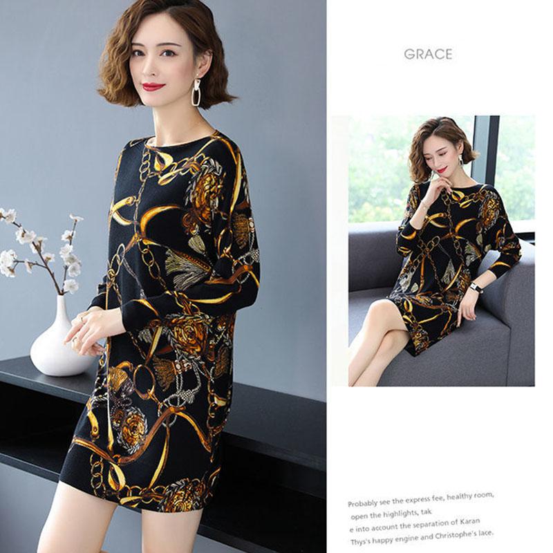 High-end Cashmere Sweater Women Autumn Plus Size Printed Wool Sweater Dress Women Mid-length Knit Dress Outwear