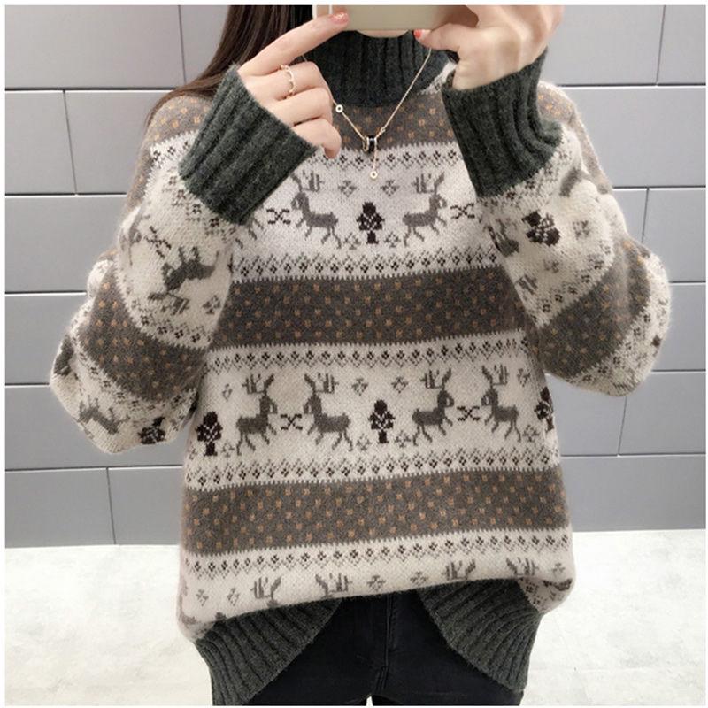 Turtleneck Sweater Female Students Korean Loose  Knit Sweater Bottoming Pullover Sweater Outwear  Deer Print Christmas Sweater Autumn  Winter