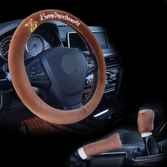 Fawn Embroidery Wool Steering Wheel Cover Set Hand Brake Cover Gearbox Handle Cover Winter Warm Car Interior