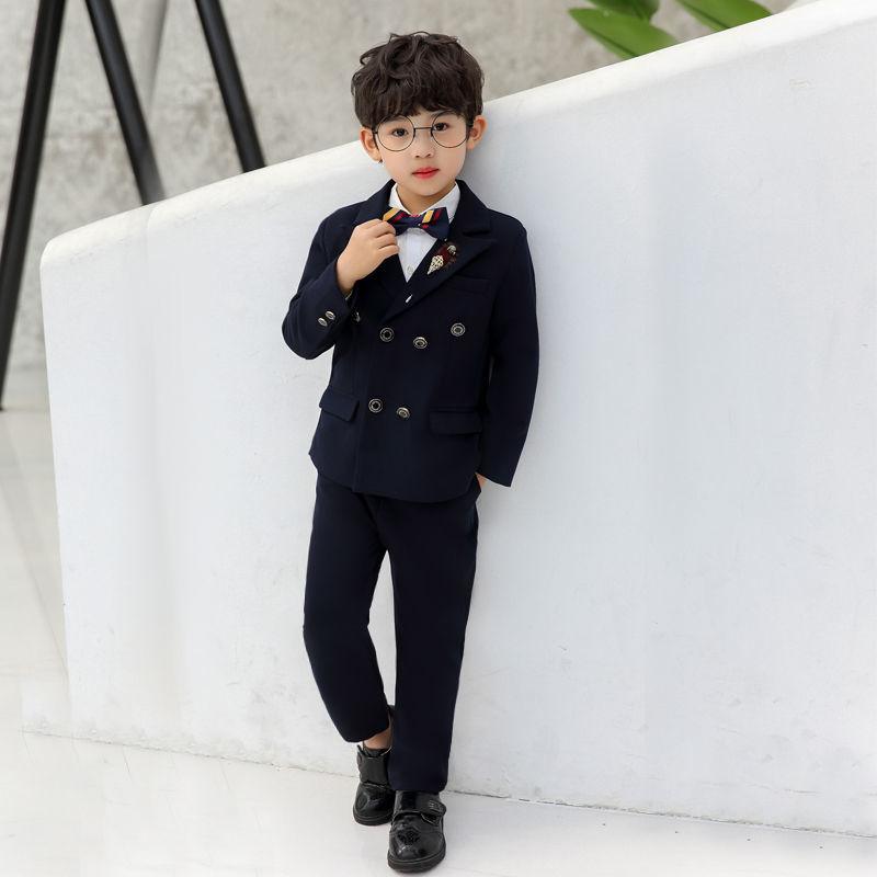 Flower Boys Formal Dress Suit Set Autumn Children Plaid Double Breasted Blazer Pants 2Pcs Clothes Set Kids Wedding Party Costume