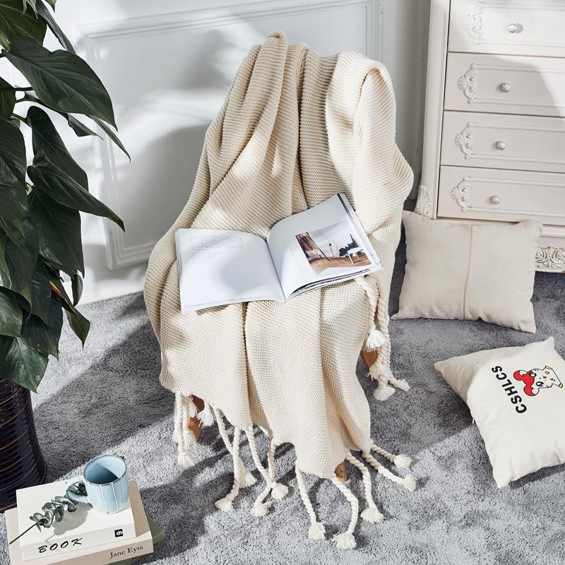 Nordic Plain Knitted Blanket Fringed Sofa Blanket Coarse Thread Nap Blanket