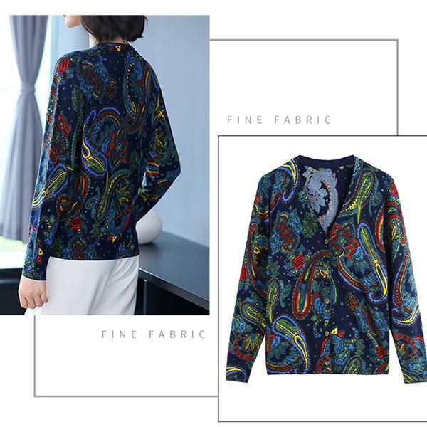 Autumn Winter Ladies V-Neck Cardigan Printing Sweater Coat