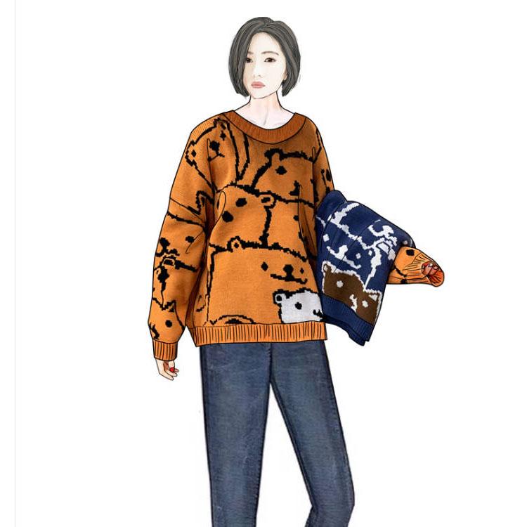 Winter Sweet Jacquard Pullover Sweater Women Loose Long Sleeve Knitted Round Neck Sweater