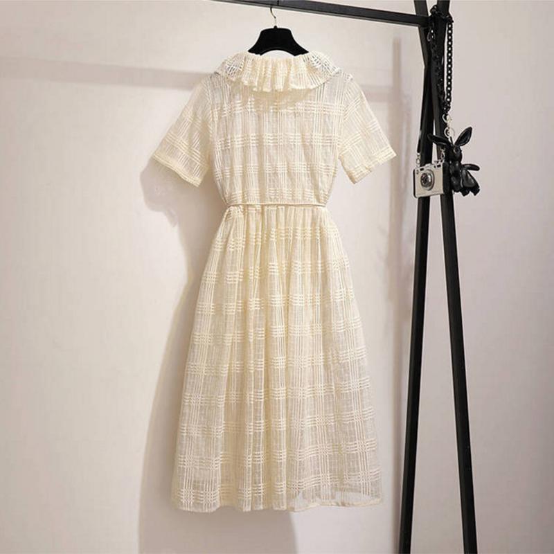 Vintage Dress Summer Peter Pan Collar Short Sleeve Lace A-line Dress Belted Pleated Dress