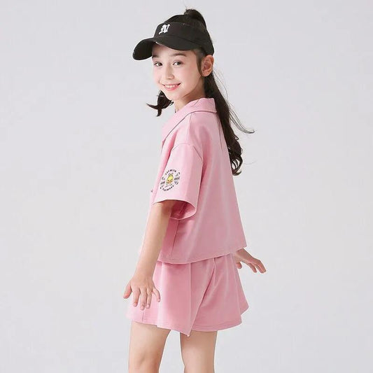 Girls Summer Suit Net Celebrity Western Atmosphere Big Children Children Sports Two-piece Polo Shirt
