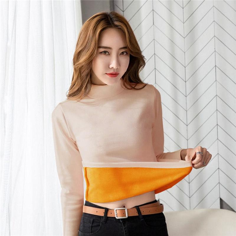 Winter Half High Neck Warm Ladies Bottoming Shirt Plus Velvet Padded Inner Long-sleeved T-shirt Top