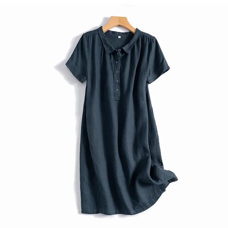 Breathable Linen Fabric Women Dress Loose Turn-down Collar Casual Loose Big Pocket Short Sleeve Buttons Dress