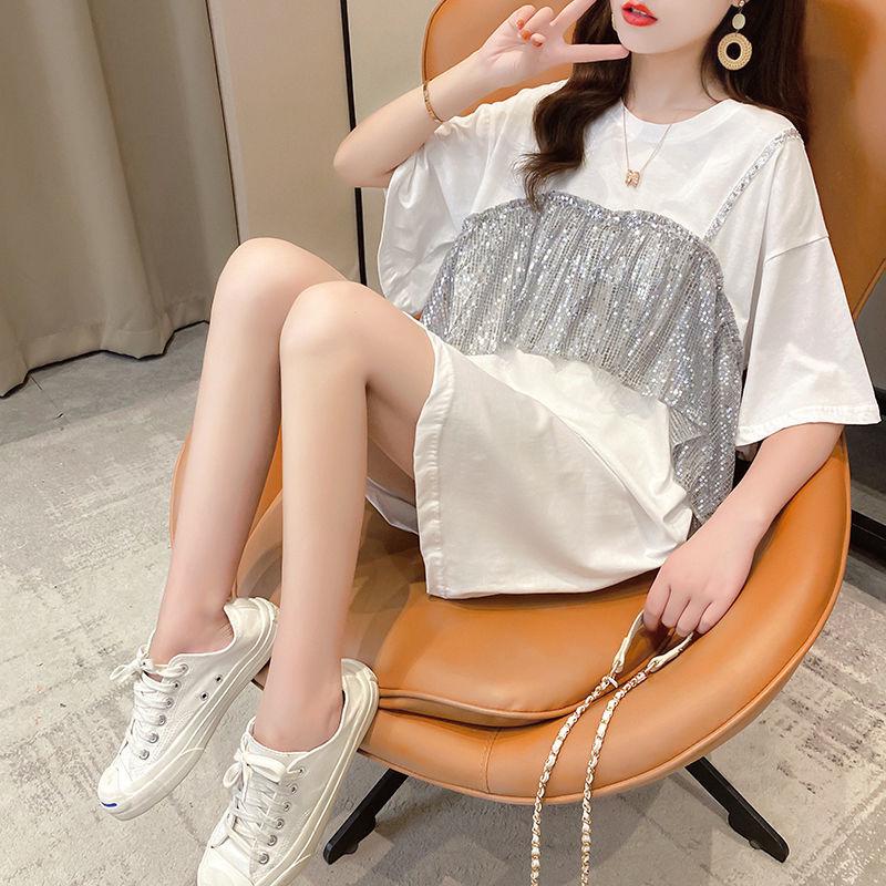 Shiny Sequins Women summer Dress Girl Loose O-Neck short Sleeve Casual Long T-shirt Dress Loose