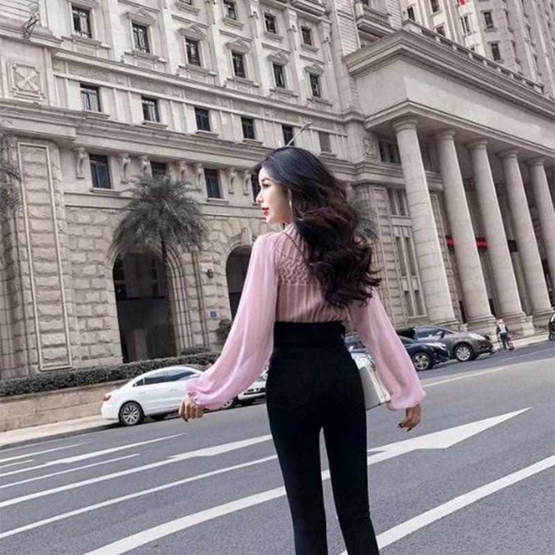 Pofulove Temperament Half Turtleneck Short Sweater Chiffon Lantern Long Sleeve Paneled Sweater