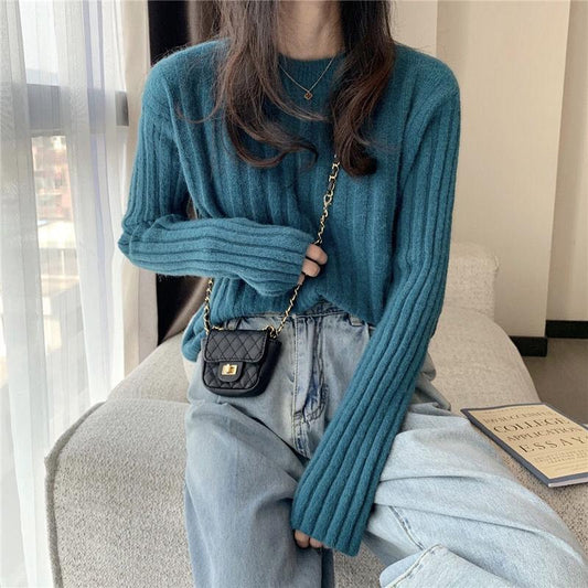 Autumn  Winter  Knitted Pullover Round Neck Versatile Thick Warm Woolen Sweater Bottoming Shirt  Vertical Stripes Loose