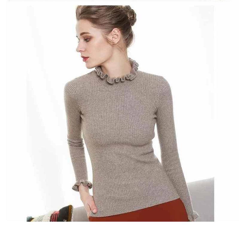 Solid Color Ruffled Slim Sweater Knitted Bottoming Pullover Half Turtleneck Sweater