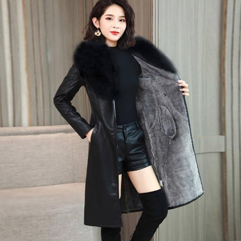 Winter Women's Coat Keep Warm with Fur Fox Collars Slim Female Leather Jacket  Plus Size Overcoat