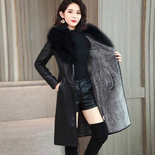 Winter Women's Coat Keep Warm with Fur Fox Collars Slim Female Leather Jacket  Plus Size Overcoat