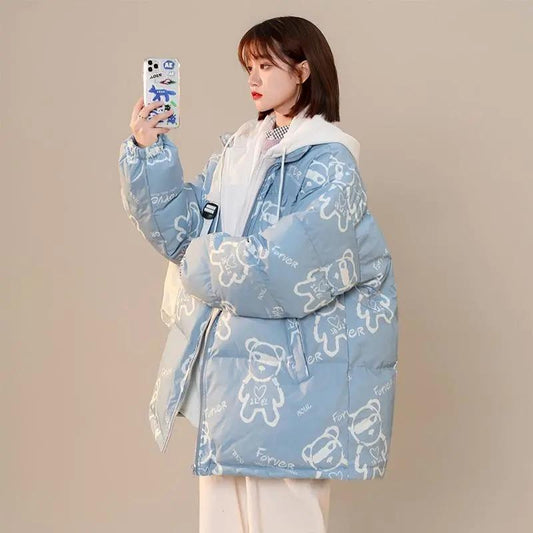 Literary Bear Padded Clothes Salt Loose Fake Two-piece Padded Jackets Winter Thickened Padded Jackets Men and Women Couples Jackets Warm Hooded Coat