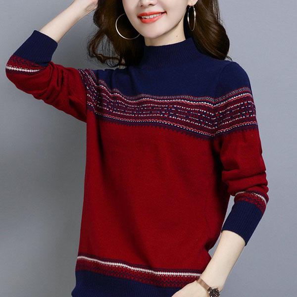 Vintage Printed Sweater Women High Neck Sweater National Style Clothes Knitted Bottoming Shirt Loose Short Sweater Top