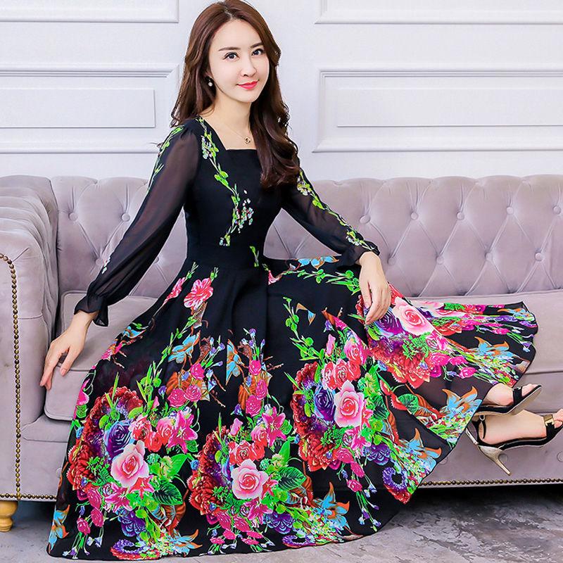 Big swing skirt long skirt spring and autumn plus size floral dress chiffon long sleeve dress