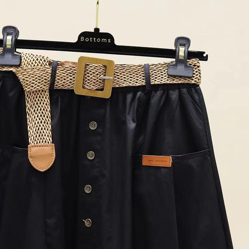 Woman Skirts Washed Cotton Skirt Female Summer High Waist Buttons A-line Skirts All-match Thin Calf-length Sashes Skirt