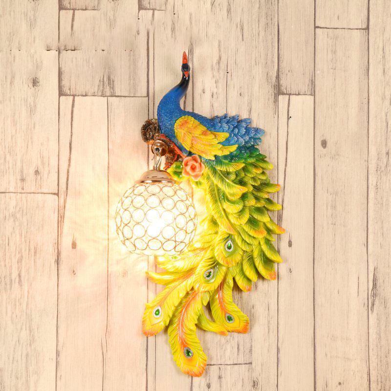 Retro peacock crystal LED wall lamp living room background bedroom bedside peacock phoenix wall lamp