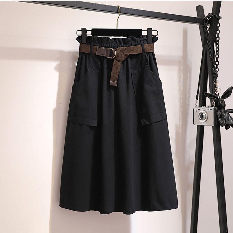 High Waist Midi Skirts Solid Pockets A-Line Casual Ladies Bottoms Trendy Female Skirts with Sashes 2020 for Women