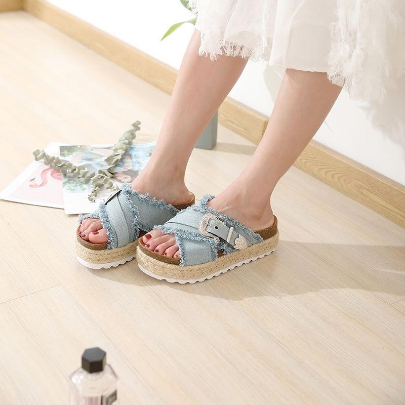 Summer Women's Shoes Handmade Hemp Rope Drag Sandals Cross Denim Increased Thick Bottom All-match Retro Popular Fashion Slippers