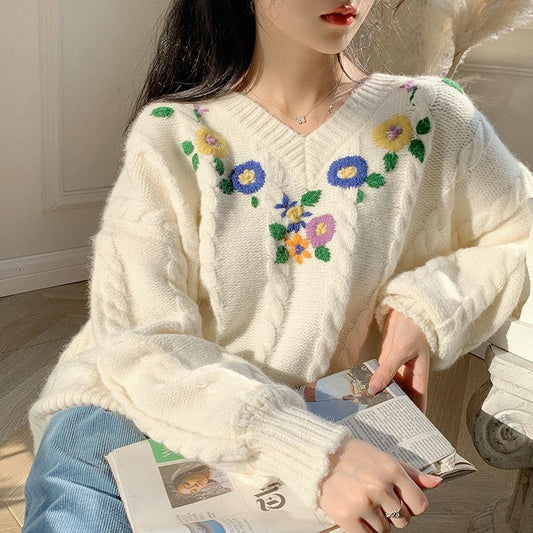 Embroidered Pullover Women's Sweater Japanese Loose Lazy Style V-neck Blouse Long-sleeved Knitted Bottoming Shirt