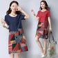 Vintage M-XXXL Summer Cotton and Linen Short-sleeved Knee-length Geometric Splicing Dress