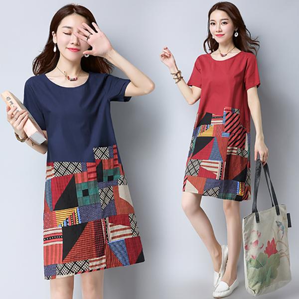 Vintage M-XXXL Summer Cotton and Linen Short-sleeved Knee-length Geometric Splicing Dress