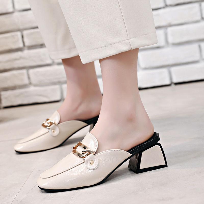 Size 35-39 Women All-match Shiny PU Leather Slippers Outdoor Diamond High Heels Bohemian Beach Wear-resistant Non-slip Thick Heel Sandals