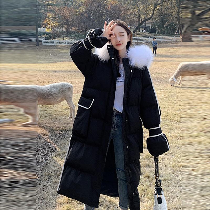 Women's Glossy Loose Down Jacket Mid-length Korean Thick Coat Warm Cotton Coat with Big Fur Collar Winter Quilted Jacket