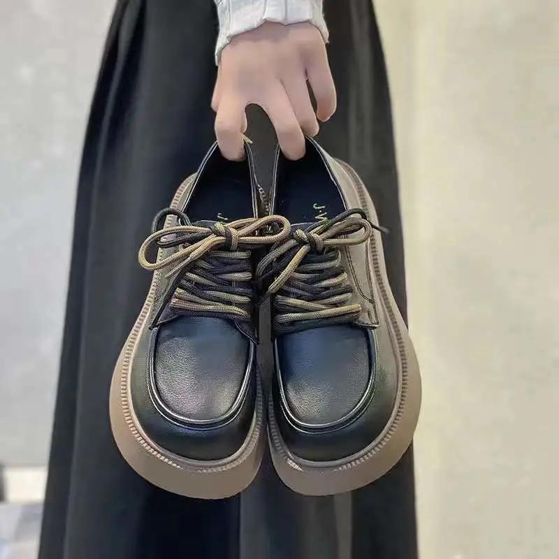 Ladies Small Leather Shoes British Style Spring College Style Jk Lace-up Thick-soled Shoes Girls Thick-bottomed Thick-heeled Loafers