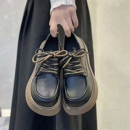 Ladies Small Leather Shoes British Style Spring College Style Jk Lace-up Thick-soled Shoes Girls Thick-bottomed Thick-heeled Loafers