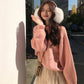 Pofulove sweet and cuteGirlfriend Dress Loose Round Neck Chic Mesh Red Sweater Schoolgirl