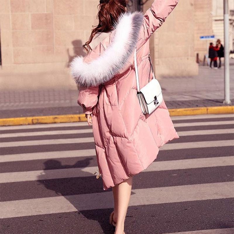 2021 Big Fur Collar Padded Jacket Women's Long Slim Waist Korean Down Padded Jacket Mid-length Thickened Over The Knee