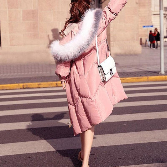 2021 Big Fur Collar Padded Jacket Women's Long Slim Waist Korean Down Padded Jacket Mid-length Thickened Over The Knee