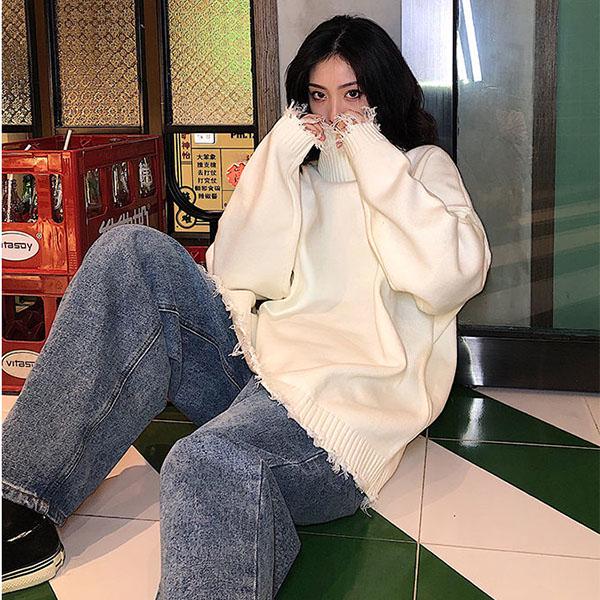 Solid Color Turtleneck Sweater Girl Student Loose Retro Irregular Torn Edge Sweater