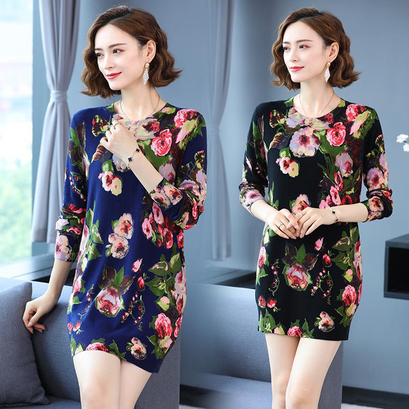 Mid-length Autumn and Winter Women's Printed Sweater Round Neck Casual Sweater Fashion Casual Long Sweater