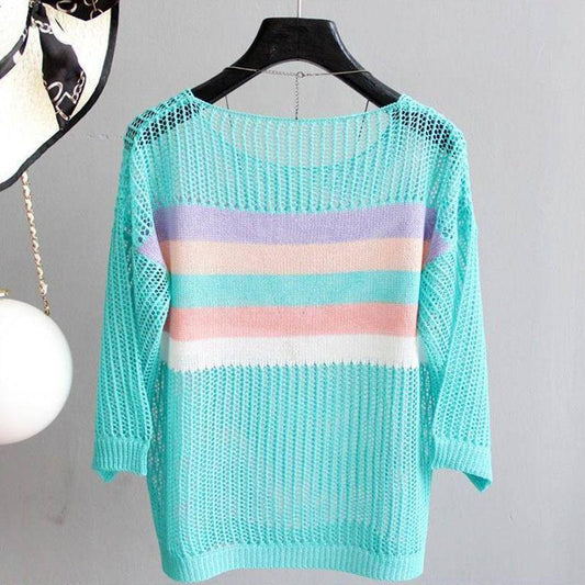 Cutout Knit Sun Blouse Loose Thin Top Women's Contrast Stripe Cutout Hollow Knit Sweater Women's Sexy See-through Dress