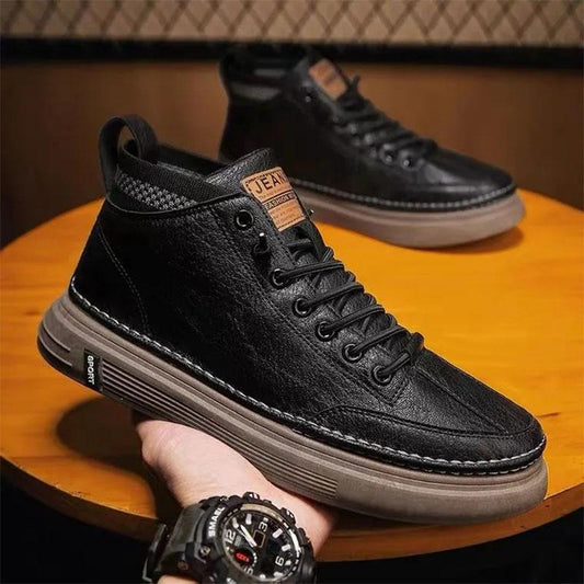 Men's Leather Shoes Spring Black Plate Shoes High Top Casual Leather Shoes Formal Business Shoes Boys Lace-up Shoes