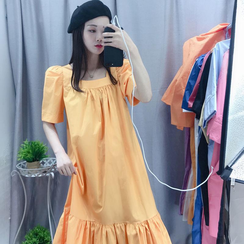 Square Collar Dress Female Summer Retro Puff Sleeve Temperament Was Thin Loose Mid-length Skirt Retro Princess Style Dress