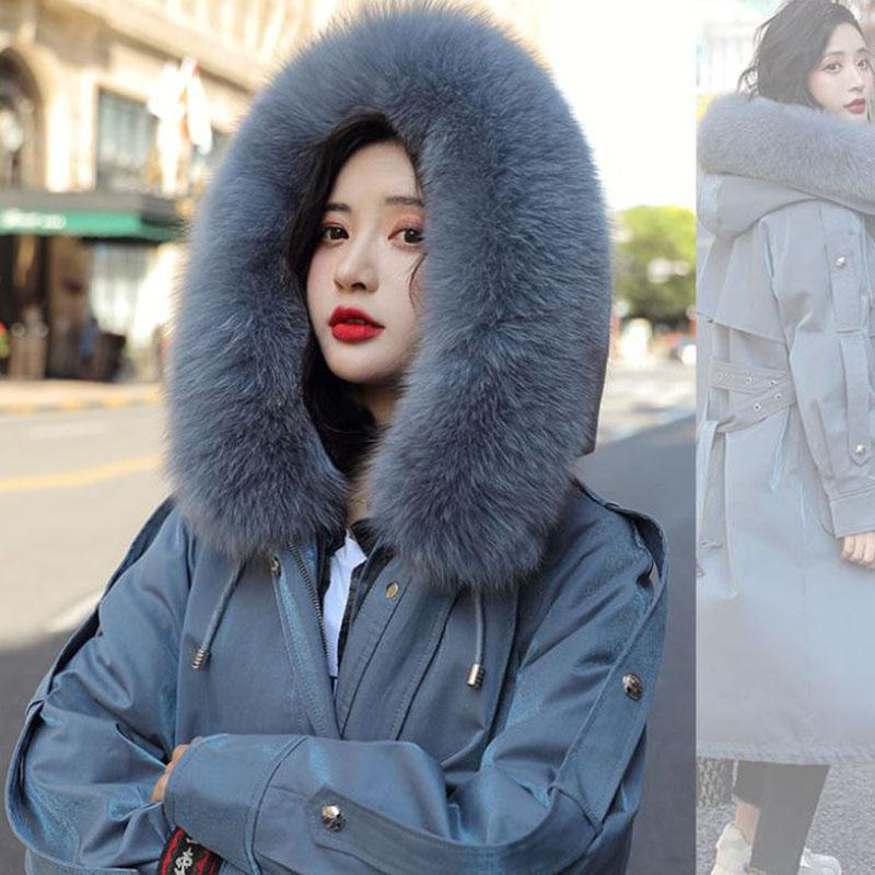 Winter Women's Parka Coat with Hood and Large Fur Collar Coat Plus Velvet Padded Padded Mid-length Over-the-knee Parka Coat