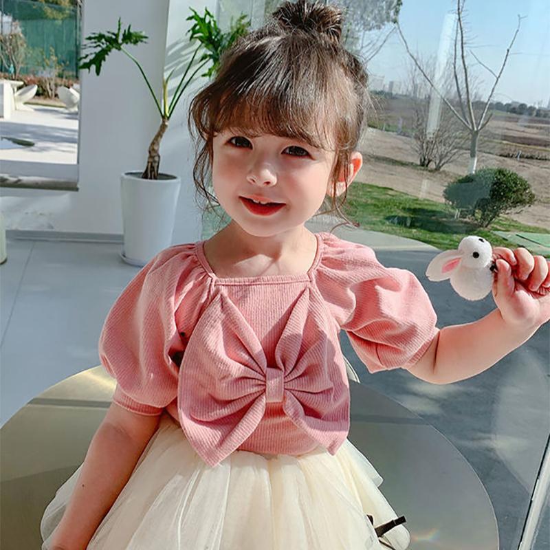 Girls' Summer Bowknot Short-sleeved Tops Korean Children's Cotton T-shirts Middle and Small Children's Western Style Bottoming Shirt
