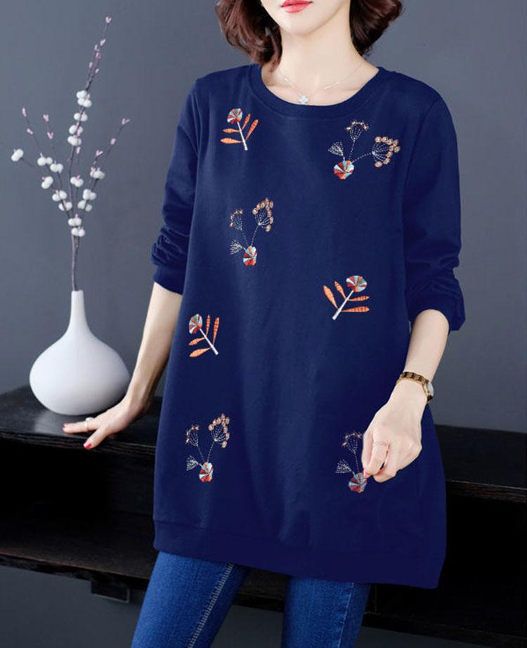 Women Loose T-shirt Long Sleeve Flower Embroidery Casual Round Neck T-shirt Ladies Pullover