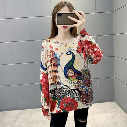 Peacock Pattern Pullover Sweater Women Fall/winter Ethnic Style Print Knit Sweater Outer Wear Jumper Tops