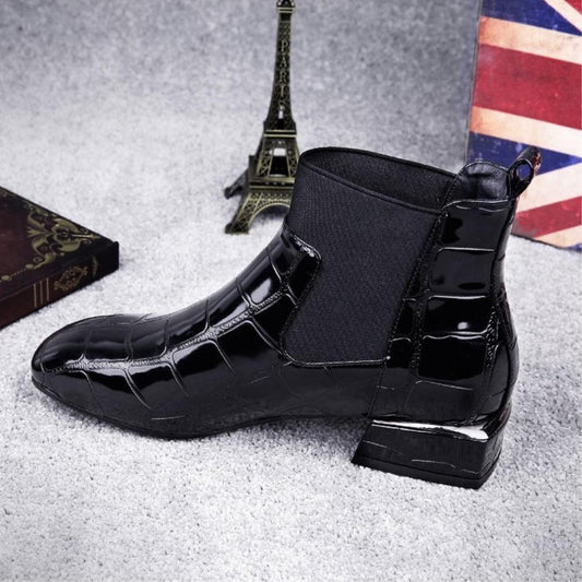 Women Boots Shiny PU Leather Autumn Winter Shoes Woman Spuare Toe Block Heels
