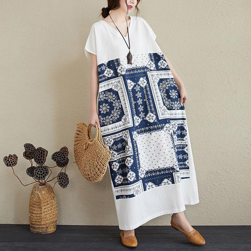 Spring and Summer Loose Ethnic Print Plus Size Women's Long DressCovering Belly Slimming V-neck Short-sleeved Dress