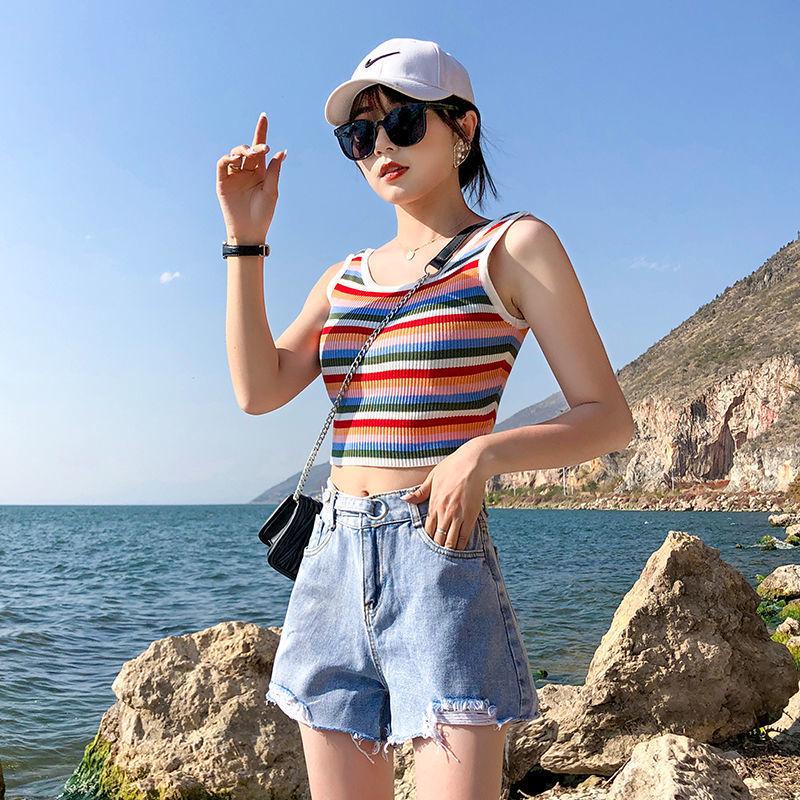 Summer denim shorts women's high waist loose students all-match slim thin hole wide leg fashion