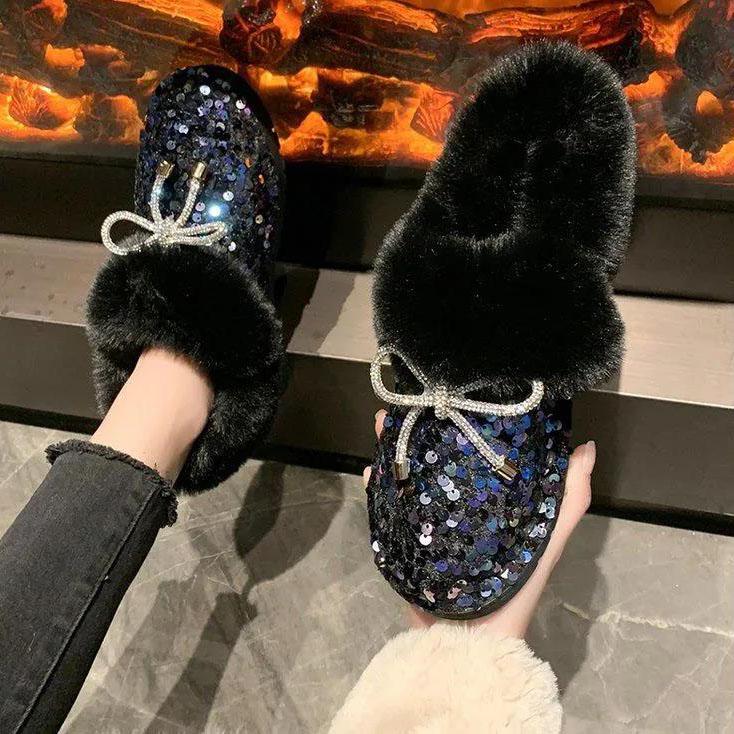 Women's Winter Warm Short Cotton Boots Female Large Size Sequins Non Slip Flat Snow Boots